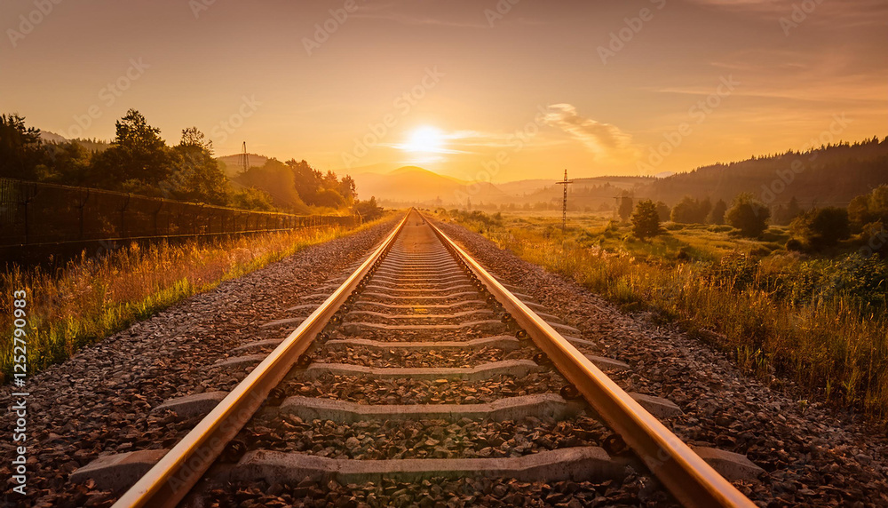 Wide angle shot: Focused railroad tracks leading into the distance, bathed in warm sunset lighting Wide angle shot: Focused railroad tracks leading into the distance, bathed in warm sunset lighting