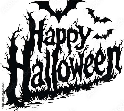 Happy halloween silhouette text with spooky lettering, eerie pumpkin shapes, bats, and ghostly accents,