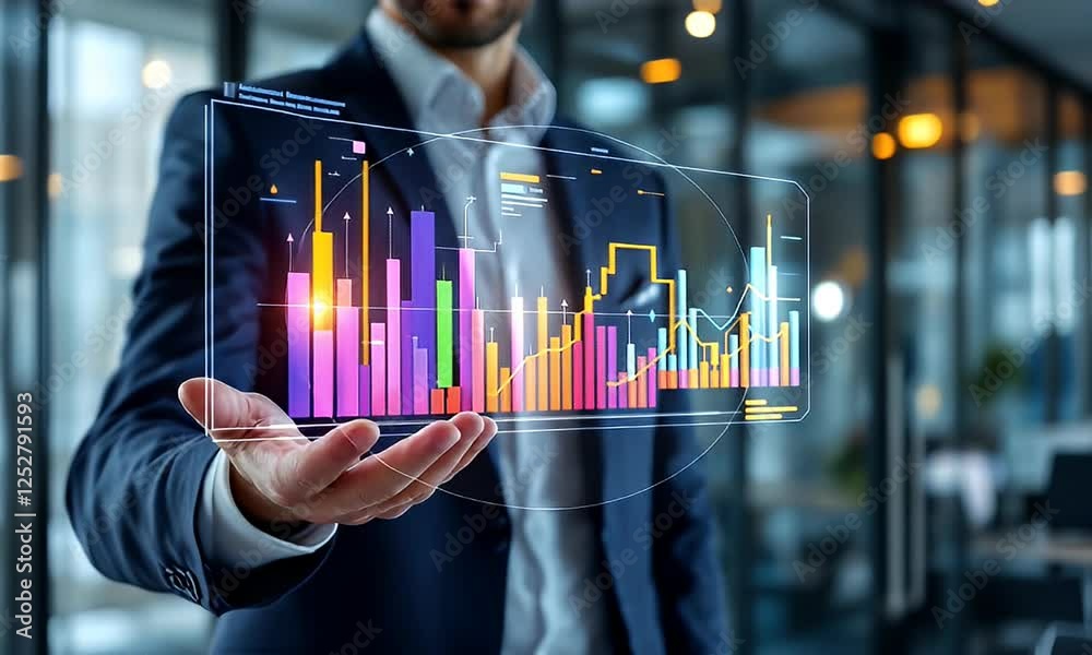 Businessman presenting data graphs, modern office background, financial analysis