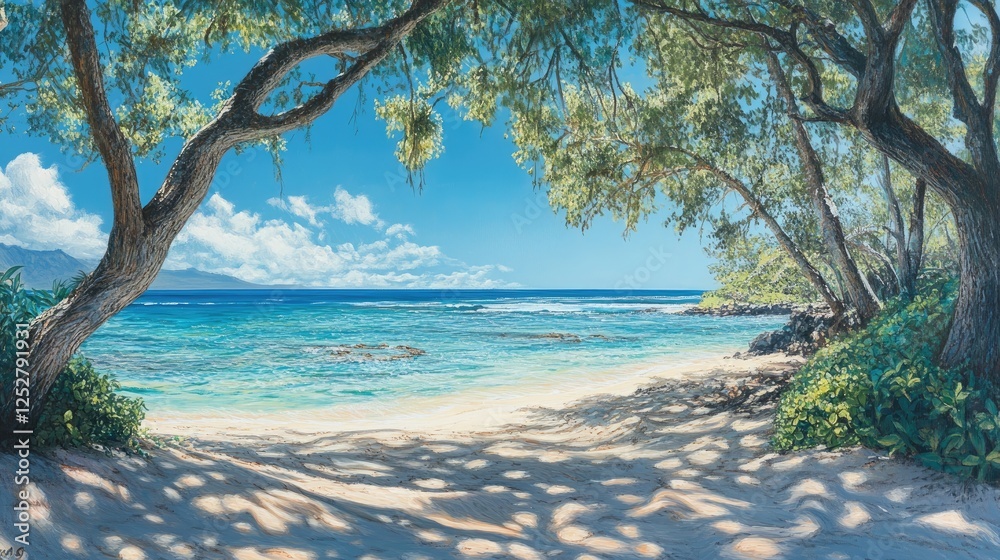 A dreamy tropical ocean view, capturing the calmness of Hawaiis blue waters over an untouched sandy bottom. A dreamy tropical ocean view, capturing the calmness of Hawaiis blue waters over an untouched sandy bottom.