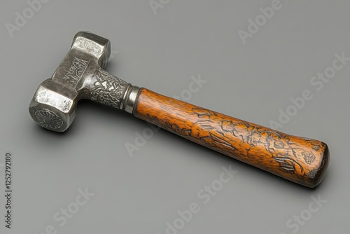 Ornate metal hammer with a wooden handle displayed on gray