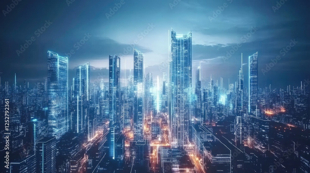 Fototapeta premium A dynamic futuristic skyline filled with transparent skyscrapers and glowing fiber-optic pathways.