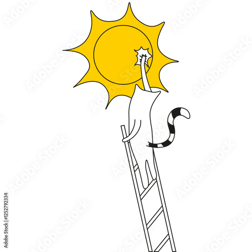 Whimsical Cat on the stepladder cleans the sun. Simple Minimal art with Cat. Perfect vector illustration for t-shirt print Ecology postcard card cover template design.  EPS 10