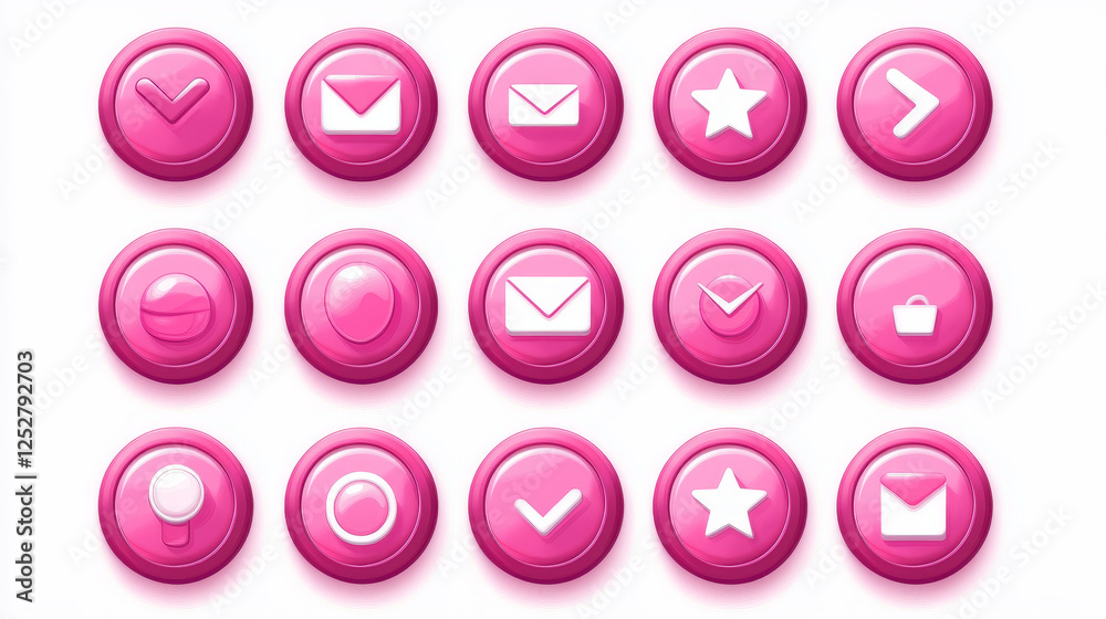Glossy circle buttons with icons for website or user interface design in game. Vector cartoon set of pink ui elements, web buttons with symbols of search, mail, home, arrows, star and sound Glossy circle buttons with icons for website or user interface design in game. Vector cartoon set of pink ui elements, web buttons with symbols of search, mail, home, arrows, star and sound