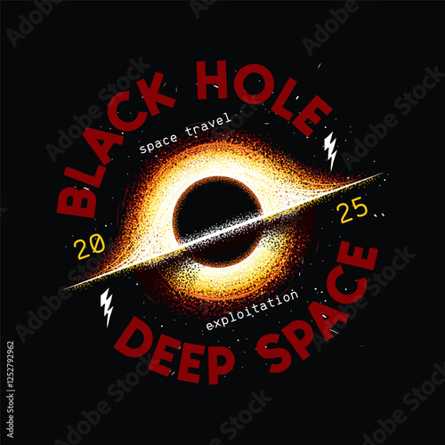 Black hole, event horizon, stars. Original vector illustration in vintage style. T-shirt design.