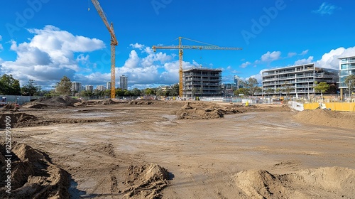 Construction Site with Tower Cranes and Earthworks Against a Blue Sky. Urban Development and Infrastructure Progress