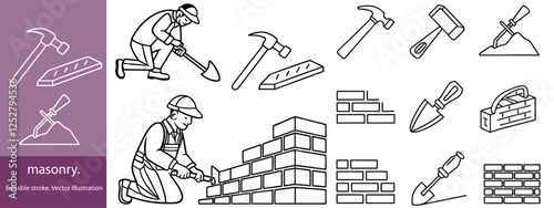 Set of 30 outline icons related to masonry. Linear icon collection. Editable stroke. Vector illustration