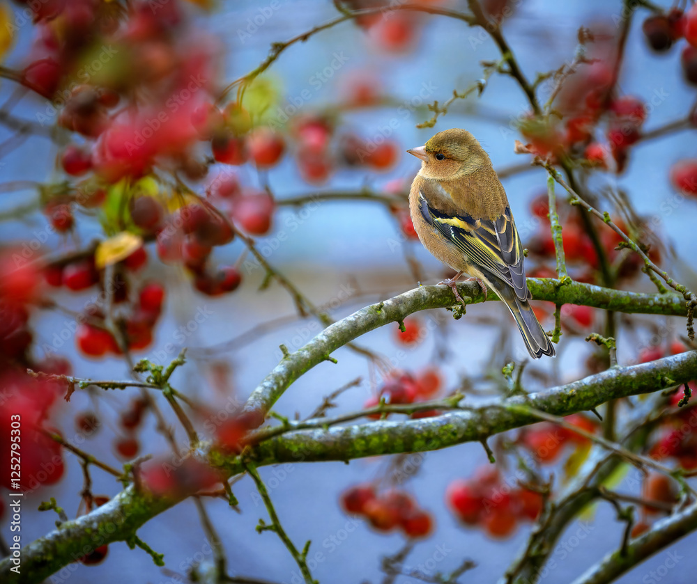 Male chaffinch bird sitting on an apple tree