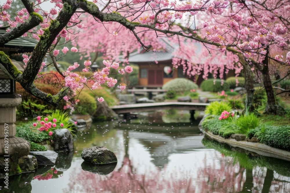 Captivating Pink Cherry Blossoms Frame a Serene Pond in a Japanese Garden During Springtime Tranquility Captivating Pink Cherry Blossoms Frame a Serene Pond in a Japanese Garden During Springtime Tranquility
