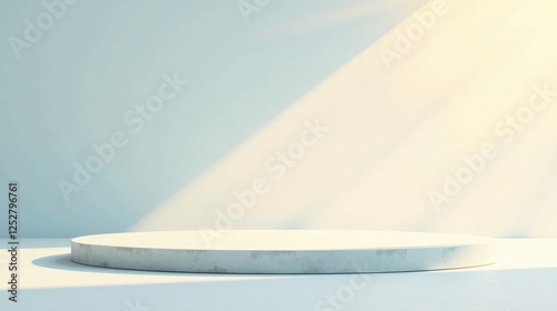 Circular platform bathed in soft sunlight against a pale backdrop, ideal for product displays or minimalist compositions.