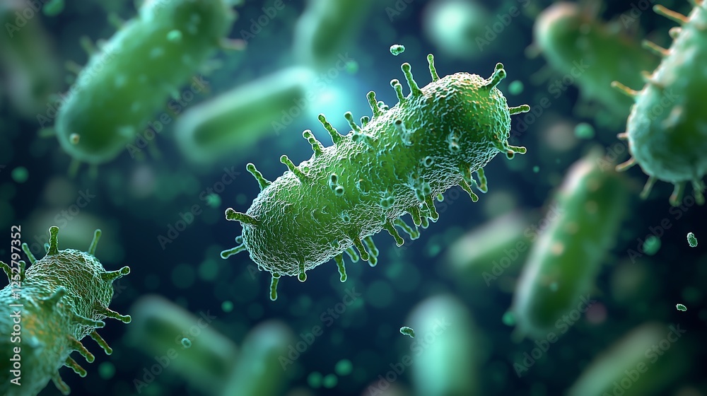 Naklejka premium Mesmerizing Microorganisms: 3D Render of Bacteria in Lush Green Tones with Artistic Realism - Generative AI