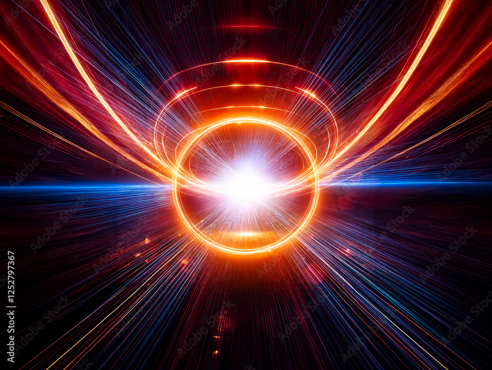 Obraz premium A vibrant, glowing orange ring surrounds a bright central light, radiating blue energy streaks across a dark background, evoking a sense of cosmic power and energy.