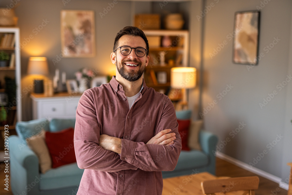 A happy bearded man wearing glasses and a casual shirt smiles in a softly lit home interior. His friendly and confident expression creates a warm, welcoming atmosphere