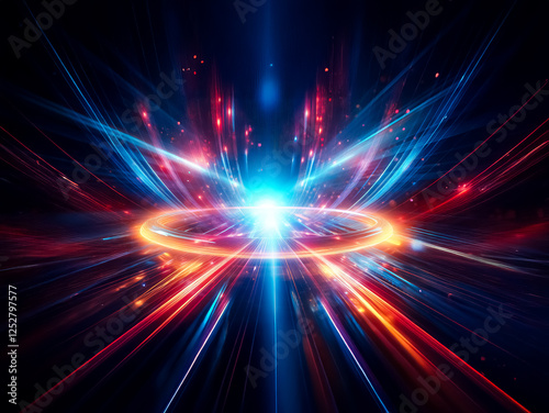 Vibrant abstract image: central bright light source emits dynamic blue and red beams. Glowing circular element. Energetic and modern design.