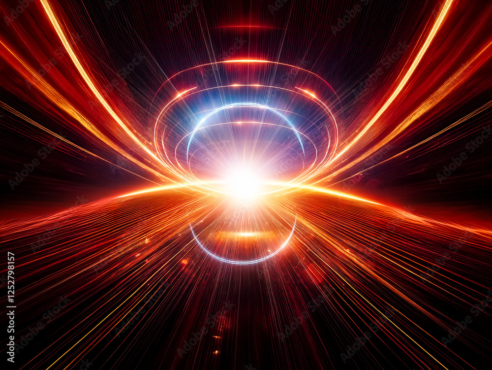 Obraz premium Abstract digital artwork with a radiant white light at the center, encircled by orange and blue glowing lines. Dynamic design creates a sense of speed and futuristic energy.