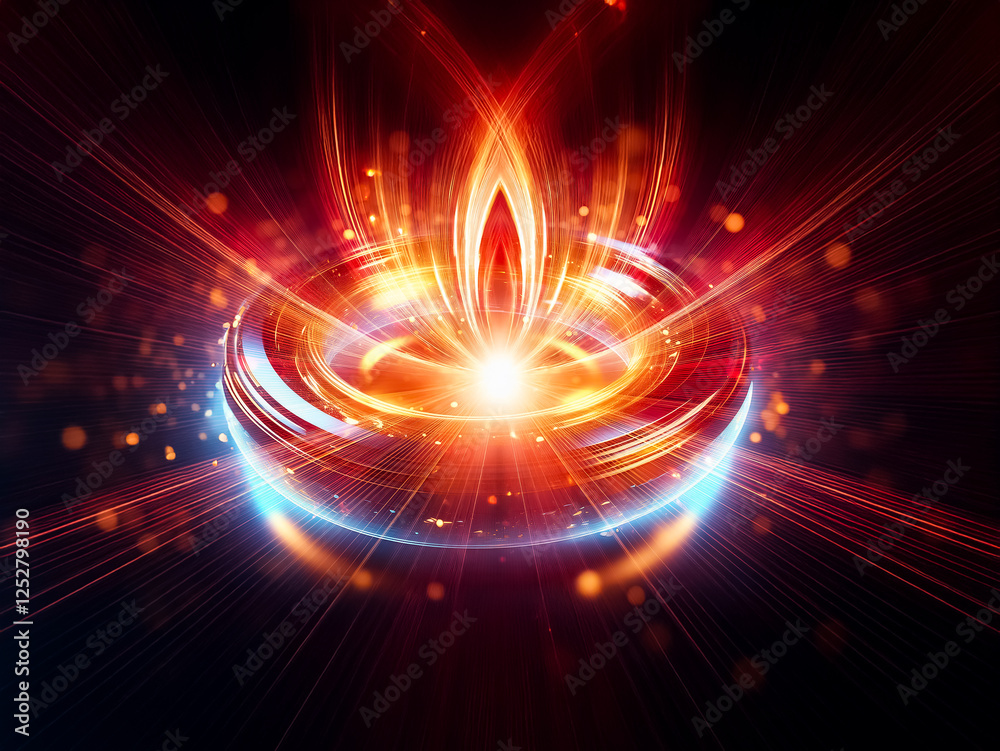 Obraz premium Bright digital artwork featuring a central glowing light source emitting vibrant red and blue energy trails in an abstract and dynamic composition.