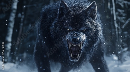 A Ferocious Black Wolf in a Snowy Forest