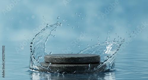 A natural black stone podium surrounded by a water splash, set against a blurred blue background for a premium product shooting scene.

