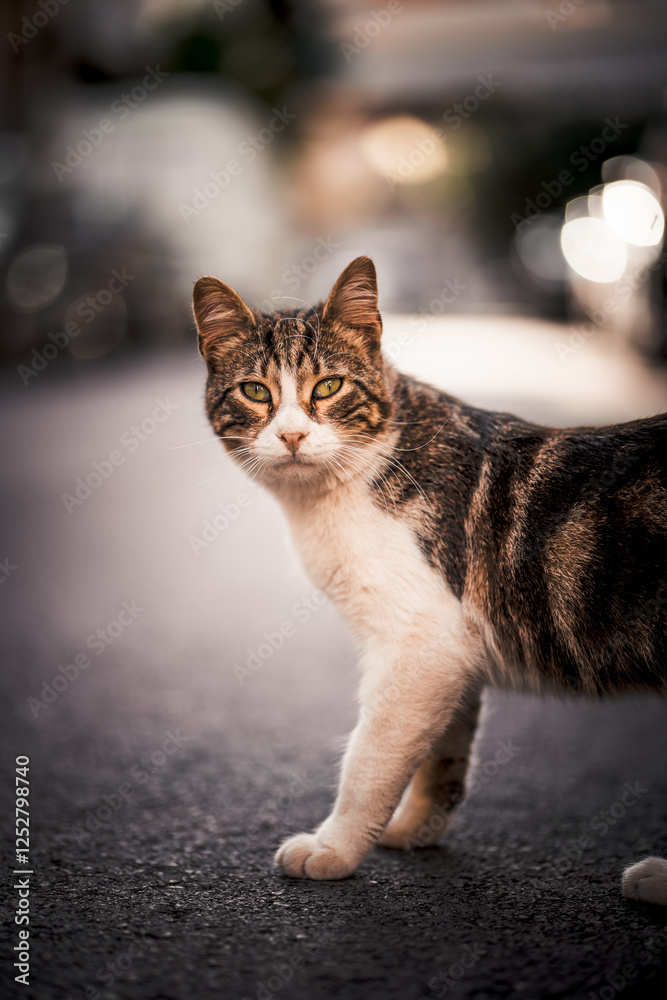 Stray Tabby Cat with Yellow Eyes Standing on City Street, Looking Directly at Camera with Intense Expression, Urban Feline in Warm Golden Light and Bokeh Background Stray Tabby Cat with Yellow Eyes Standing on City Street, Looking Directly at Camera with Intense Expression, Urban Feline in Warm Golden Light and Bokeh Background