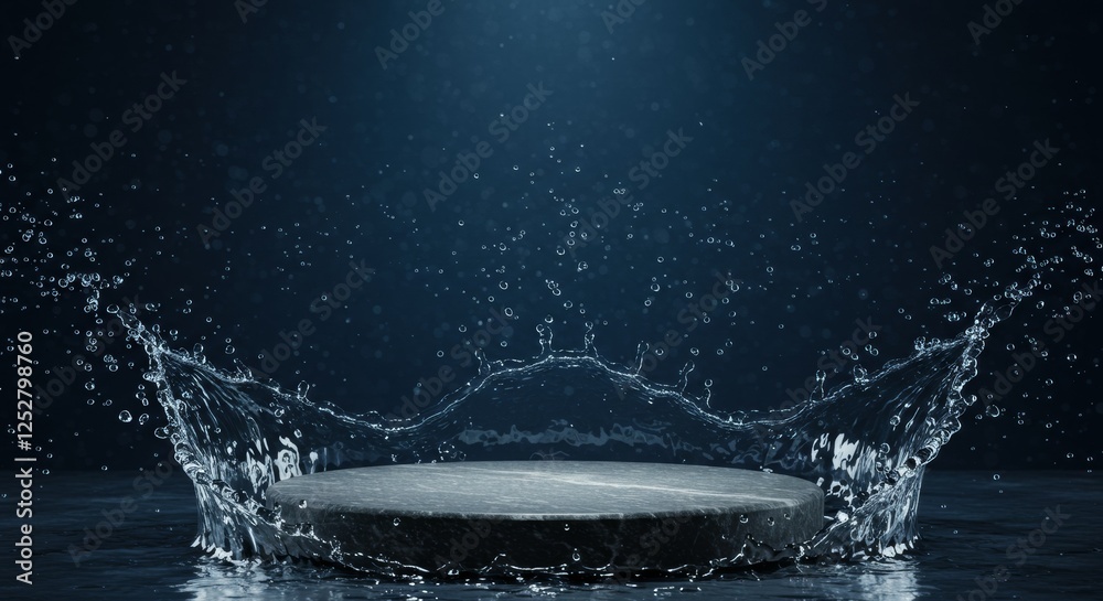 A natural black stone podium surrounded by a water splash, set against a blurred blue background for a premium product shooting scene.
A natural black stone podium surrounded by a water splash, set against a blurred blue background for a premium product shooting scene.