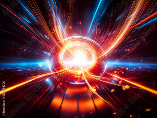 A glowing orb at the center of converging neon blue and orange light streaks, creating a futuristic, high-speed tunnel effect.  The reflective surface of the sphere adds depth. photo