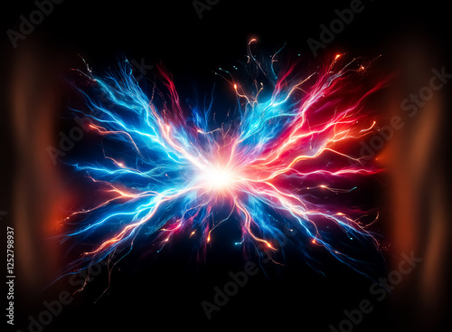 Vibrant abstract energy streams of red, orange, and blue radiate from a central bright point, creating a dynamic design against a dark backdrop.