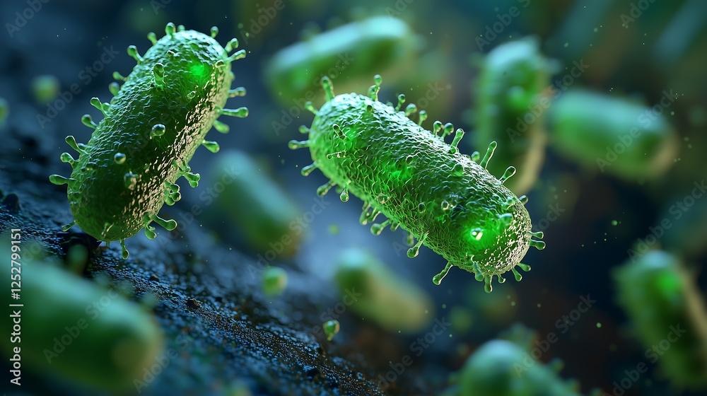 Naklejka premium High-Definition Simplicity: Group of Green Bacteria with Soft Focus Green Background - Generative AI