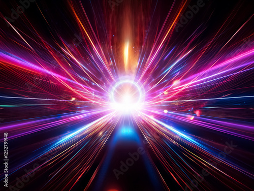 A vibrant, abstract depiction of hyper-speed travel through a neon-lit tunnel, radiating energy and movement.  The central circular portal glows, surrounded by streaks of colorful light.