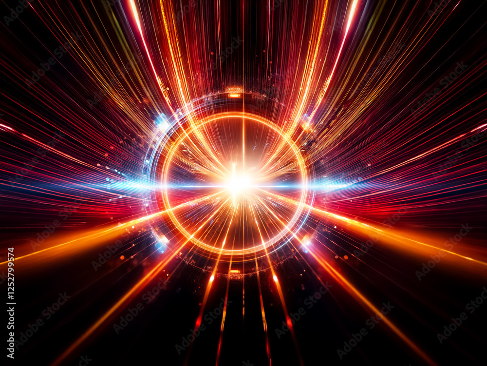 Obraz premium A vibrant, glowing circular portal shimmers with orange and blue energy, surrounded by dark space dust and bright light streaks. The central light radiates power and mystery.