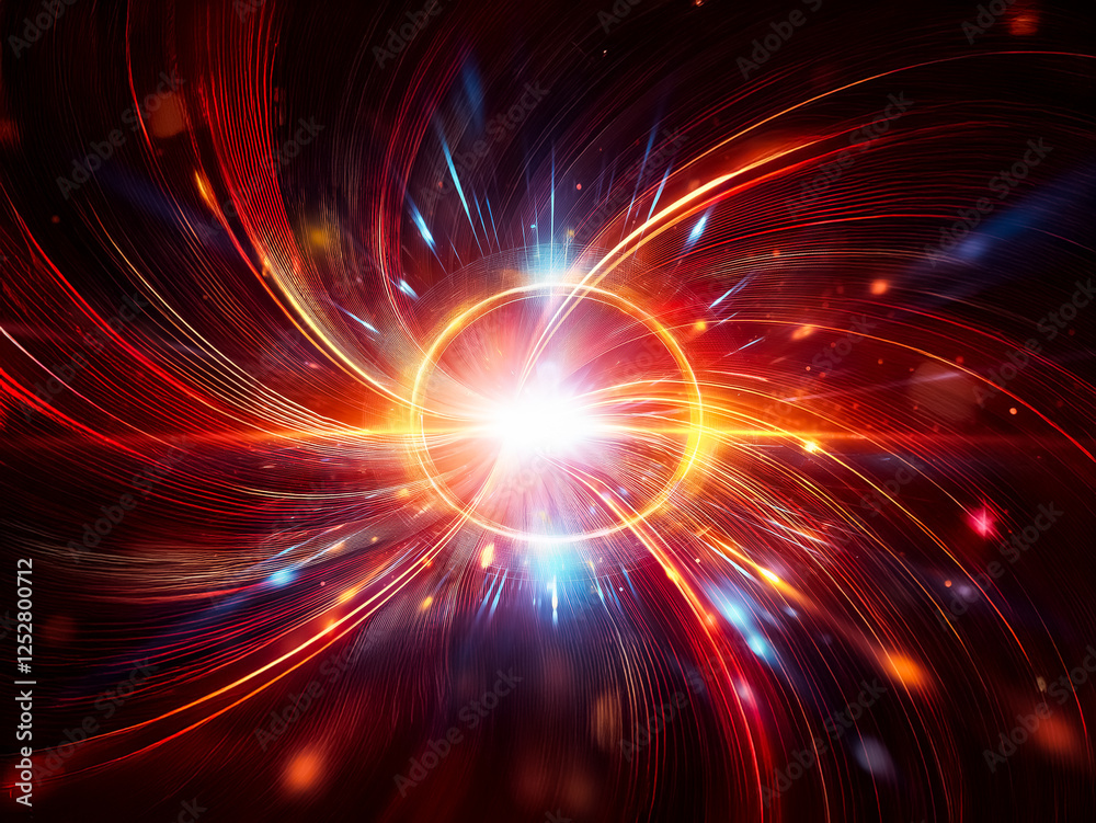 Obraz premium A vibrant, luminous ring glows intensely at the center, surrounded by radiating streaks of light and energy against a dark backdrop. The image evokes feelings of speed, power, and cosmic energy.