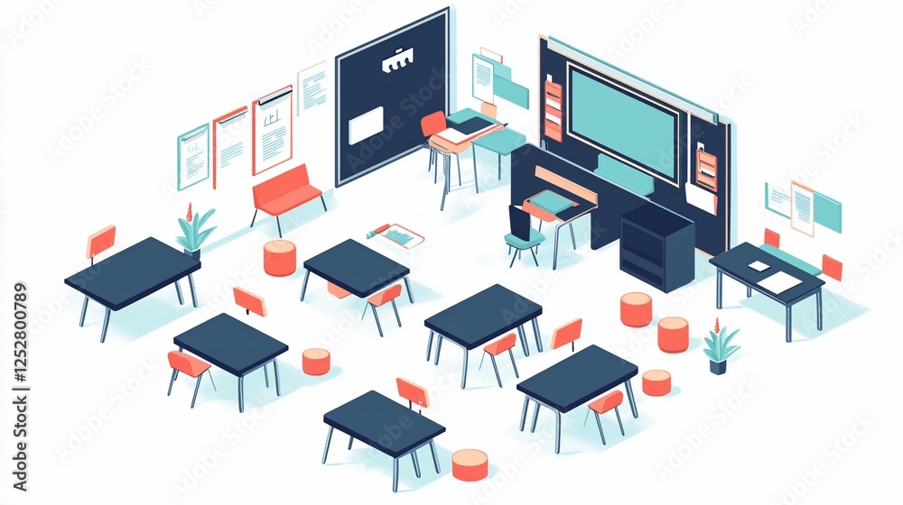 Modern Classroom Design: An Isometric Illustration of a Well-Equipped and Organized Learning Space Modern Classroom Design: An Isometric Illustration of a Well-Equipped and Organized Learning Space