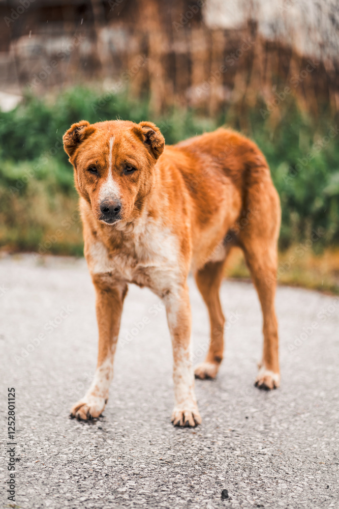 Sad Stray Ginger Dog Standing on a Rainy Street with a Melancholic Expression, Looking Directly at the Camera in an Urban Environment Sad Stray Ginger Dog Standing on a Rainy Street with a Melancholic Expression, Looking Directly at the Camera in an Urban Environment