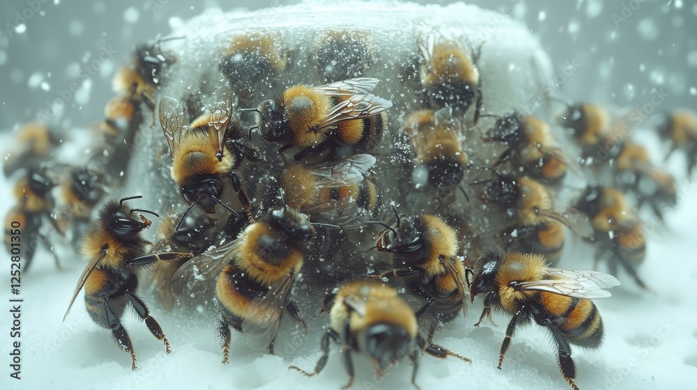 Bees feeding on sugar cube, winter scene Bees feeding on sugar cube, winter scene