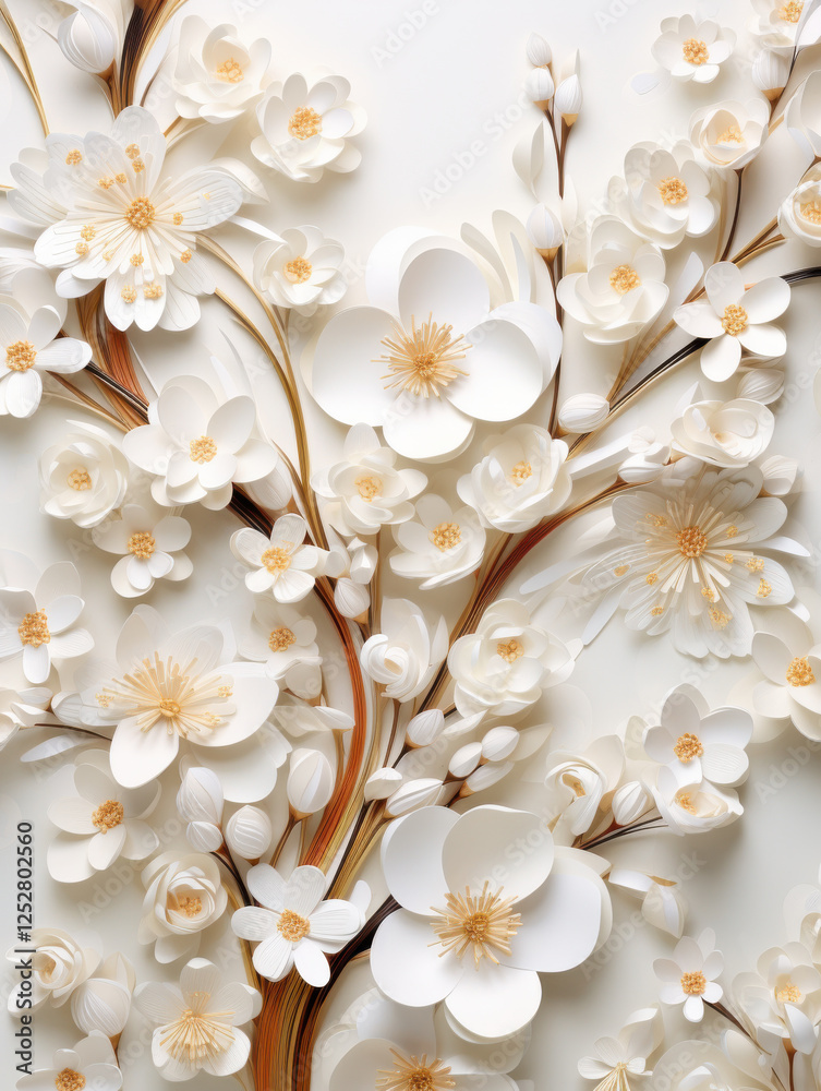 Delicate paper flowers in white and cream tones create stunning floral arrangement, showcasing intricate details and textures that evoke sense of elegance and beauty Delicate paper flowers in white and cream tones create stunning floral arrangement, showcasing intricate details and textures that evoke sense of elegance and beauty