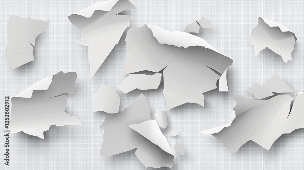 Fototapeta premium Realistic uneven edges of torn paper on transparent background. Vector illustration of ripped white page, damaged album sheet texture, used notebook, waste material for recycling, tattered document