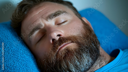 Man sleeping peacefully on blue pillow at night