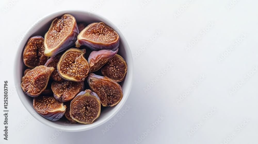 Dried Figs in White Bowl on White Background. Flat Lay with Space for Text or Caption, Healthy Snack and Fruit Concept Dried Figs in White Bowl on White Background. Flat Lay with Space for Text or Caption, Healthy Snack and Fruit Concept