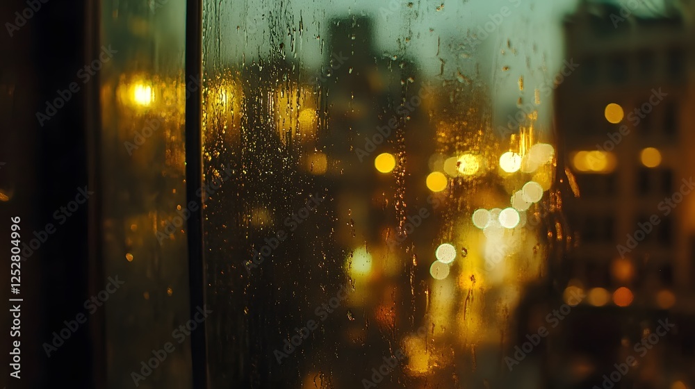 Fototapeta premium Rainy Evening Cityscape with Blurry Lights and Raindrops on Glass