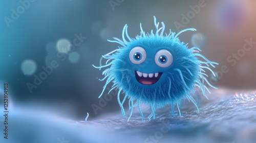 Bacteria cartoon web banner with funny blue microbe or virus character. Cute cell, cheerful germ with three eyes on smiling face and flagella. Pathogen microbe, micro organism Vector illustration