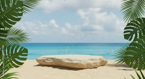 Fototapeta Naklejka Na Ścianę i Meble -  A close-up elegant natural stone podium on beach sand, with tropical big leaves on the sides and a sea and cloudy sky background for a premium product shooting scene.

