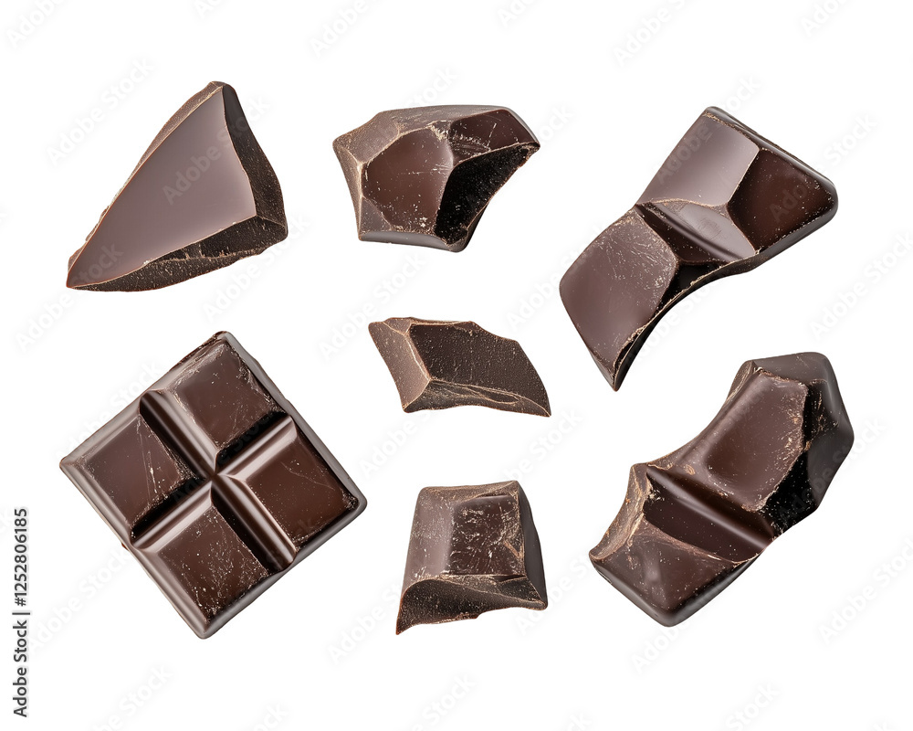 Obraz premium Pieces of dark chocolate bar isolated on transparent background