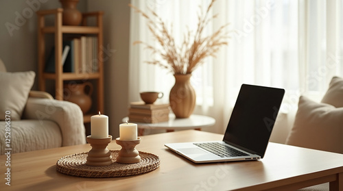 a cozy living room with a wooden coffee table on which there are two lighted candles on wooden candlesticks. There is an open laptop next to them.