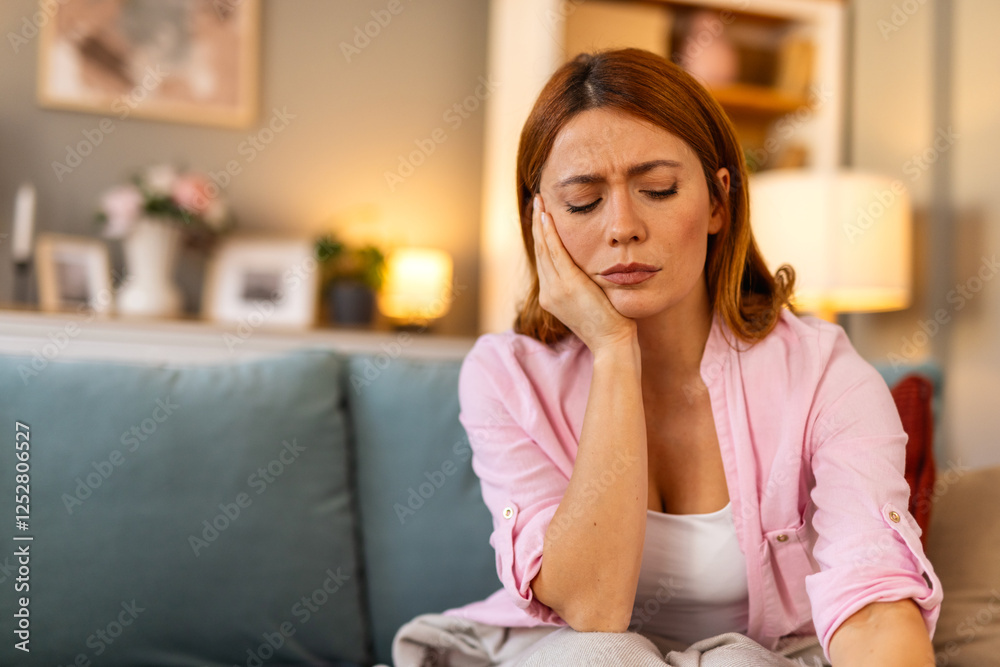 anxious worried woman sitting on couch at home. Frustrated confused female feels unhappy, problems in personal life, quarrel break up with boyfriend and unexpected pregnancy concept anxious worried woman sitting on couch at home. Frustrated confused female feels unhappy, problems in personal life, quarrel break up with boyfriend and unexpected pregnancy concept