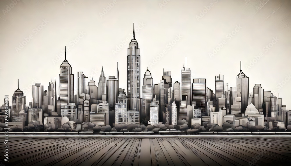 Fototapeta premium A simple outline of a city skyline in black and white with ample negative space