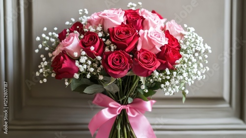 A beautifully arranged bouquet of pink and red roses with baby's breath, tied with a satin ribbon.