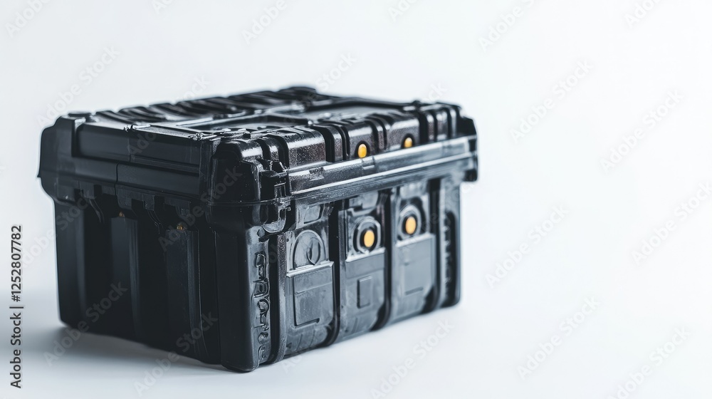 Obraz premium A black car battery photographed on a white background, with focus on its sturdy build