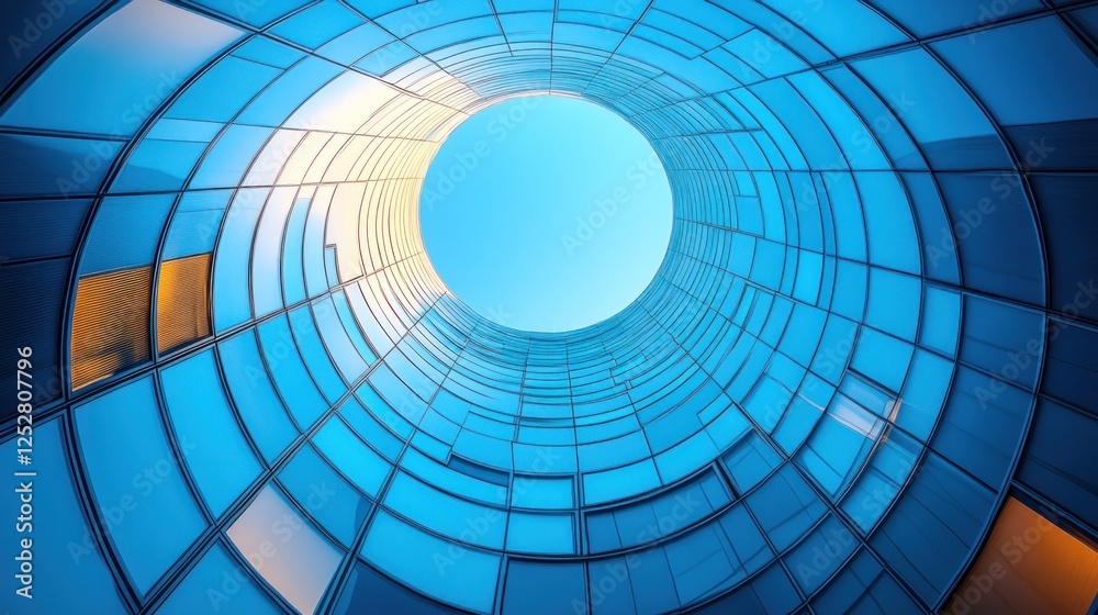 Naklejka premium Circular building, sky view, city, modern architecture, business use