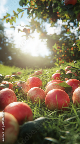 Ripe Red Apples Fallen on Grass Under Apple Tree in Autumn Orchard