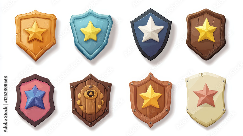 Cartoon set of game badges of different rank isolated on dark blue background. Vector illustration of pentagon medals with star, wooden, stone, golden, silver metal textures. Collection of level award Cartoon set of game badges of different rank isolated on dark blue background. Vector illustration of pentagon medals with star, wooden, stone, golden, silver metal textures. Collection of level award