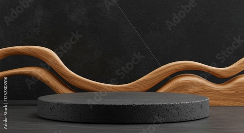 A close-up elegant natural dark concrete podium, set against a modern concrete background with wooden details for a premium product shooting scene.

